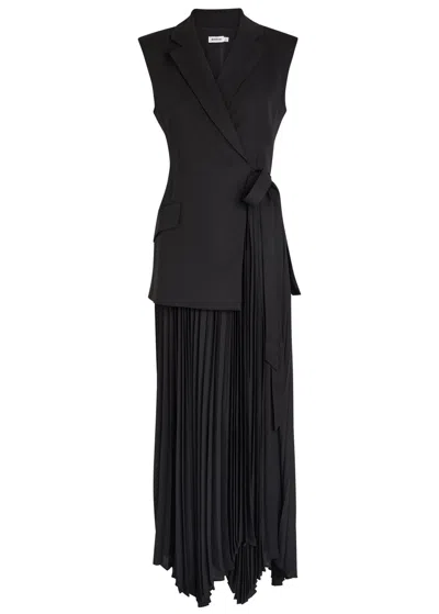 Simkhai Helena Layered Crepe And Chiffon Midi Wrap Dress In Black