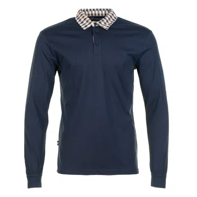 Aquascutum Long Sleeve Club Check Collar Polo Navy In Blue