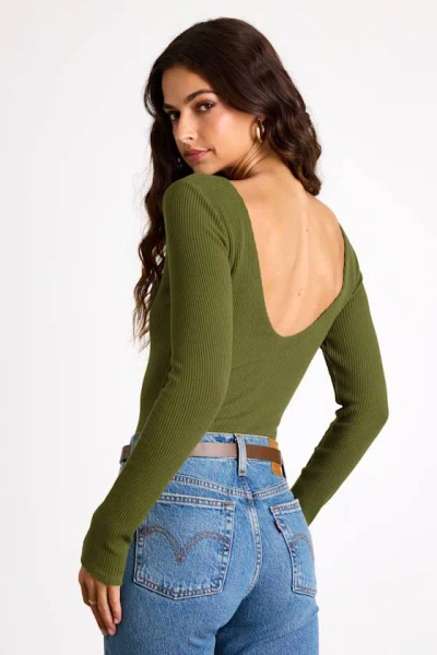 Lulus Easygoing Chic Olive Green Long Sleeve Bodysuit In Green