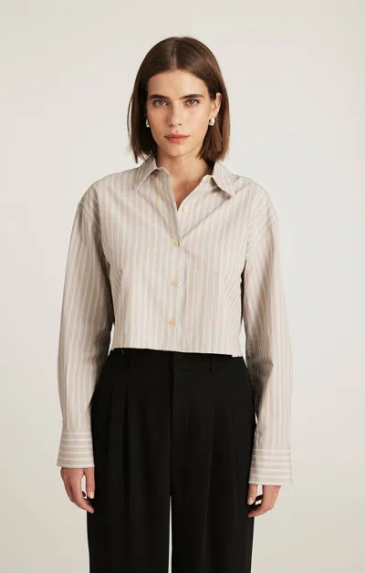 Mavi Cropped Long Sleeve Button-up Shirt In Beige Stripe In Sand