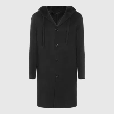 Lardini Hooded Button-down Coat In Black