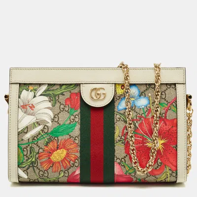 Pre-owned Gucci White/multicolor Gg Supreme Canvas Flora Ophidia Small Chain Shoulder Bag
