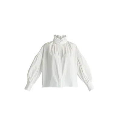 Paisie Women's Puff Sleeve Shirt With Ruffled Collar In White In White