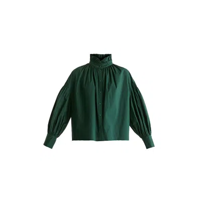 Paisie Women's Puff Sleeve Shirt With Ruffled Collar In Dark Green In Green