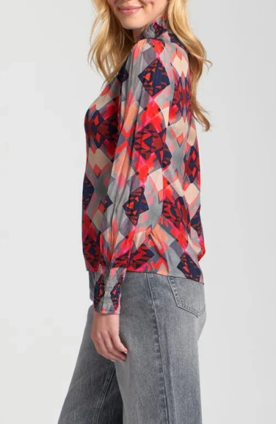 Apny Puff Shoulder Button Front Top In Red In Red