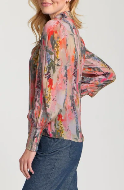Apny Puff Shoulder Button Front Top In Multi
