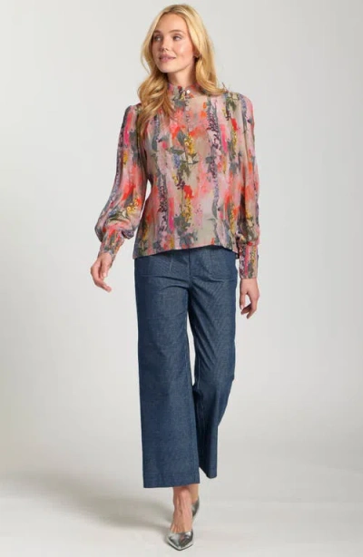 Apny Puff Shoulder Button Front Top In Multi