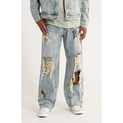 Diet Starts Monday Doodle Embroidered Ripped Cotton Jeans In Blue