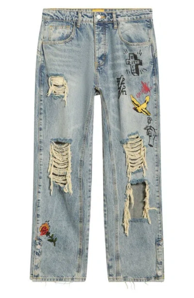 Diet Starts Monday Doodle Embroidered Ripped Cotton Jeans In Blue
