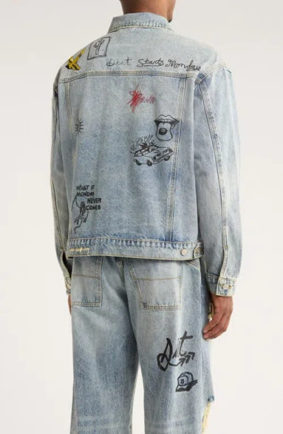 Diet Starts Monday Doodle Embroidered Distressed Denim Trucker Jacket In Blue