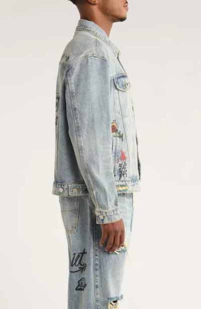 Diet Starts Monday Doodle Embroidered Distressed Denim Trucker Jacket In Blue