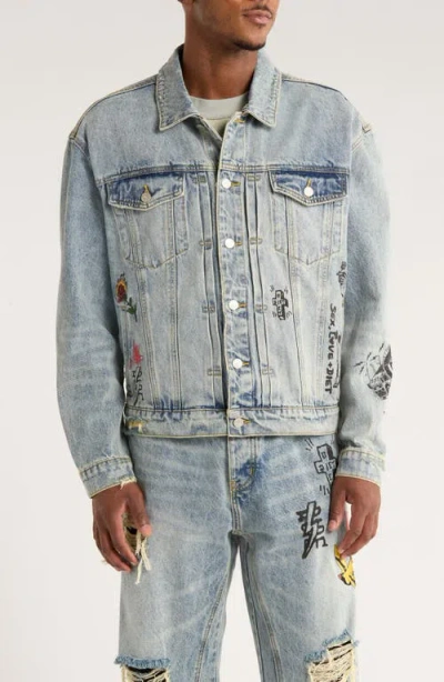 Diet Starts Monday Doodle Embroidered Distressed Denim Trucker Jacket In Blue