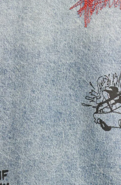 Diet Starts Monday Doodle Embroidered Distressed Denim Trucker Jacket In Blue