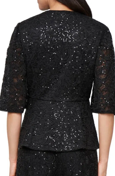 Alex Evenings Sequin Stretch Lace Wrap Top In Black