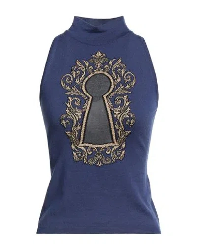 Moschino Couture Woman Turtleneck Navy Size 6 Virgin Wool, Polyester, Polyamide, Viscose In Blue