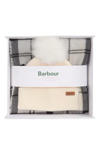 Barbour Dover Tartan Scarf & Faux Fur Pompom Beanie Set In Gray