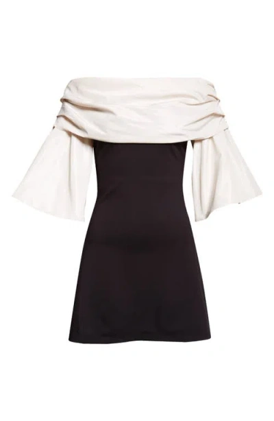 Staud Harper Mixed Media Off The Shoulder Minidress In Black