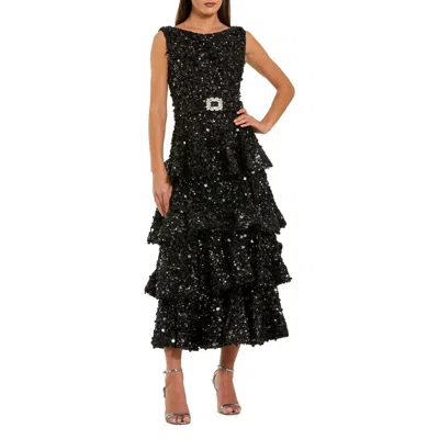 Mac Duggal 27733 Beaded A Line Sequin Ruffle Midi Length Dress In Black