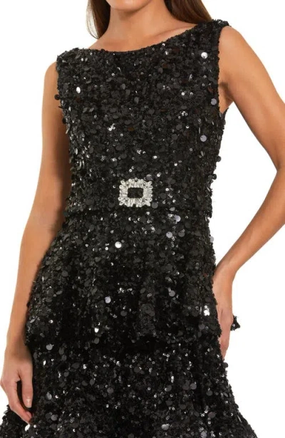 Mac Duggal 27733 Beaded A Line Sequin Ruffle Midi Length Dress In Black