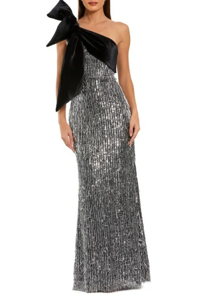 Mac Duggal One Shoulder Embellished Sequin Gown With Bow In Silver