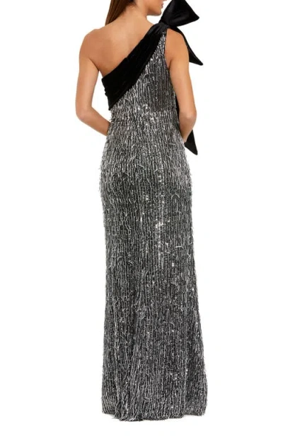 Mac Duggal One Shoulder Embellished Sequin Gown With Bow In Silver