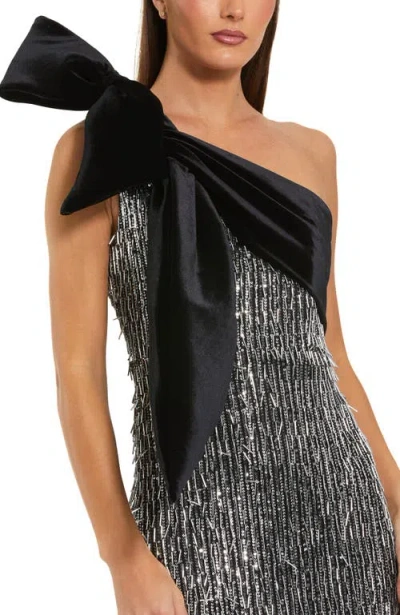 Mac Duggal One Shoulder Embellished Sequin Gown With Bow In Silver