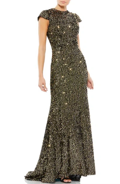 Mac Duggal Sequined Cap Sleeve High Neck Gown In Black Gold