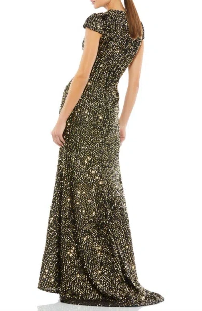Mac Duggal Sequined Cap Sleeve High Neck Gown In Black Gold