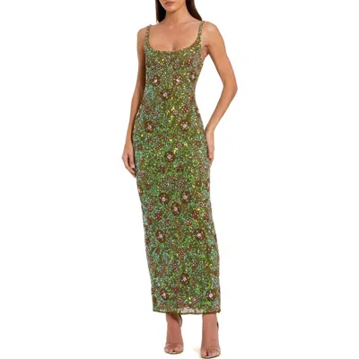 Mac Duggal 10755 Long Fitted Formal Beaded Floral Maxi Dress In Green