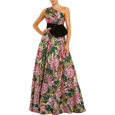 Mac Duggal One Shoulder Sequin Ballgown With Velvet Bow In Multi