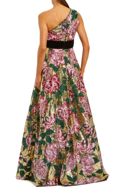 Mac Duggal One Shoulder Sequin Ballgown With Velvet Bow In Multi
