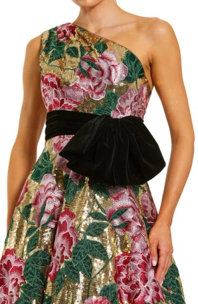 Mac Duggal One Shoulder Sequin Ballgown With Velvet Bow In Multi