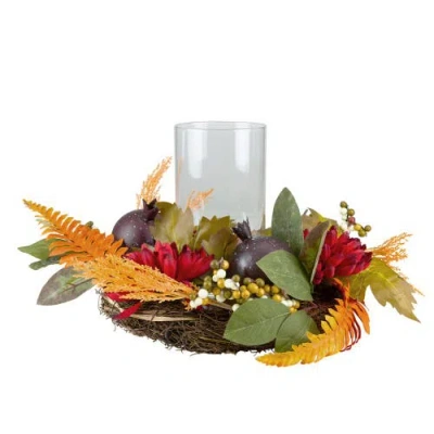 Northlight Mums With Pomegranate Fall Harvest Pillar Candle Holder Centerpiece In Multi