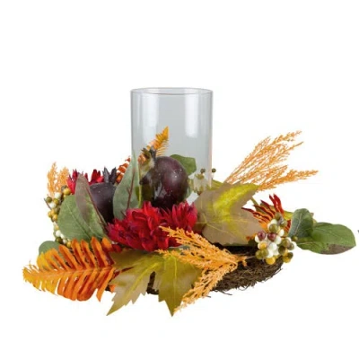 Northlight Mums With Pomegranate Fall Harvest Pillar Candle Holder Centerpiece In Multi