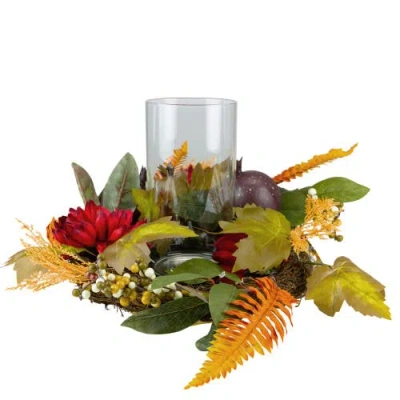 Northlight Mums With Pomegranate Fall Harvest Pillar Candle Holder Centerpiece In Multi