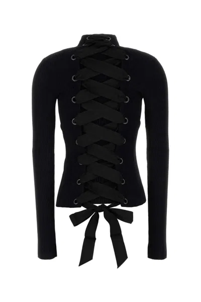 Balenciaga Black Lace-up Fitted Turtleneck Top In Black