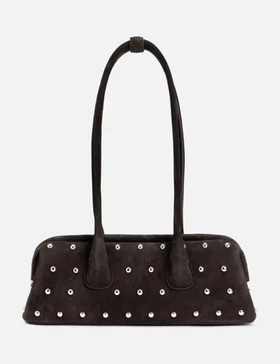 Osoi Boat Wide Mini Brown Shoulder Bag With Round Handles And Beaded Embellishment In Suede Woman In Brown