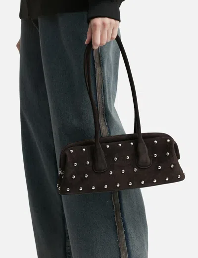 Osoi Boat Wide Mini Brown Shoulder Bag With Round Handles And Beaded Embellishment In Suede Woman In Brown