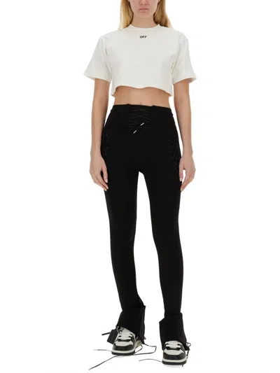 Off-white Cropped Ribbed Cotton T-shirt With Wide Sleeves