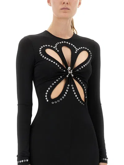 Rabanne Long-sleeved Black Maxi Dress With Eyelet Detailing In Black