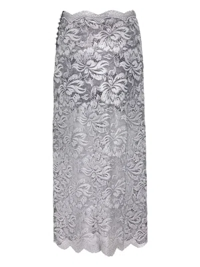 Rabanne Midi Skirt With Scalloped Waistline And Metallic Lace Fabric In Gray