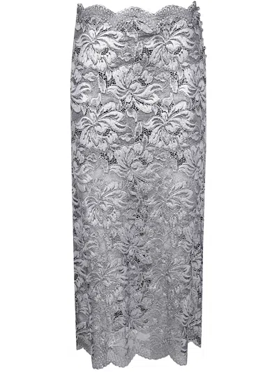 Rabanne Midi Skirt With Scalloped Waistline And Metallic Lace Fabric In Gray