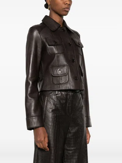 P.a.r.o.s.h Collared Leather Jacket Long Sleeves Flap Pockets