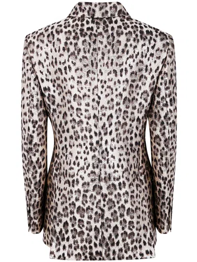 P.a.r.o.s.h Double-breasted Leopard Print Blazer With Textured Finish In White