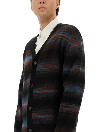 Paul Smith Horizontal Striped Cardigan With V-neck In Black
