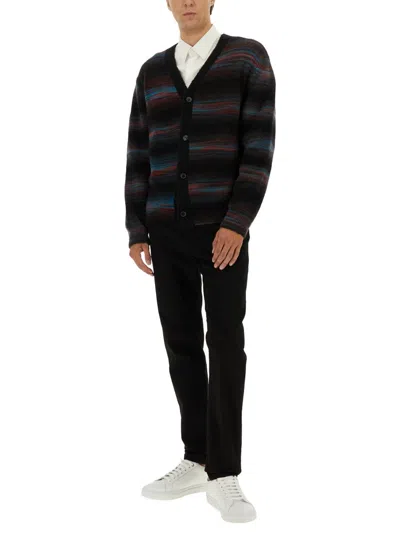 Paul Smith Horizontal Striped Cardigan With V-neck In Black