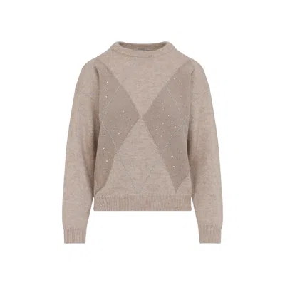 Peserico Argyle Knit Sweater With Sparkling Embellishments In Pink