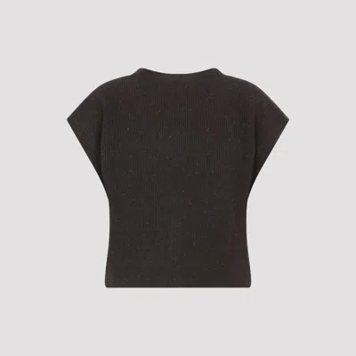 Peserico Sleeveless Cropped Knit Sweater With Deep V-neckline In Brown