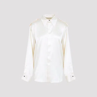 Phoebe Philo Liquid Utility White Silk Shirt With Pointed Collar And Button Tabs In White