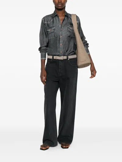 Pierre-louis Mascia Pierre Louis Mascia Denim Print Silk Shirt In Gray